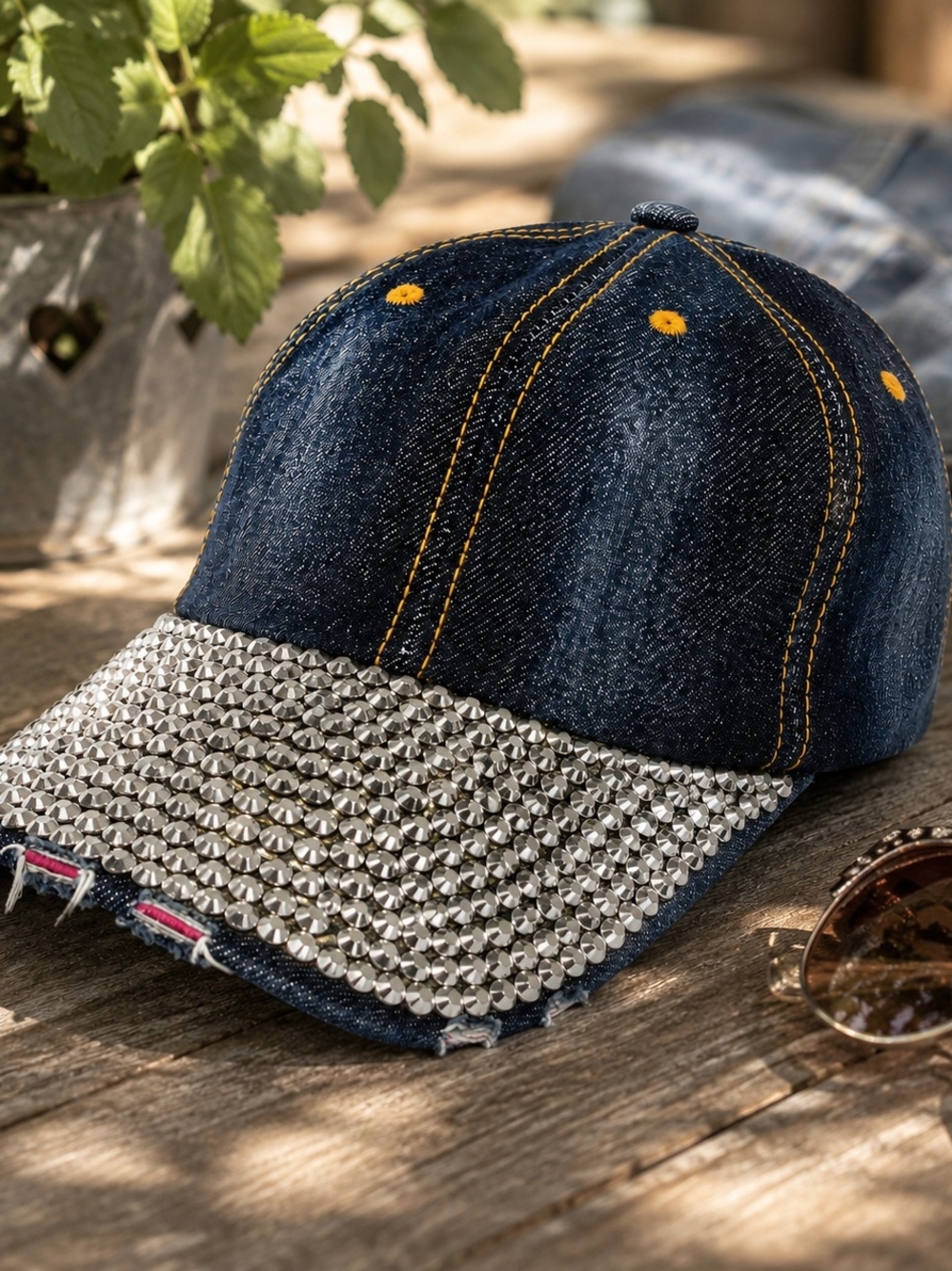 Falls Creek Denim Rhinestone Bling Hat NWT Studded Brim - Dark Blue